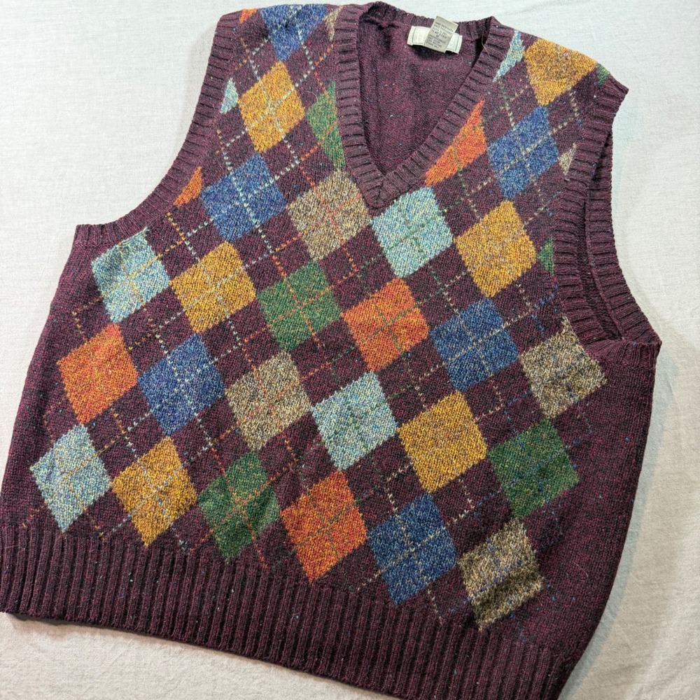 Christopher Hayes Sweater Vest Mens L Burgundy Excellent Argyle Shetland Wool